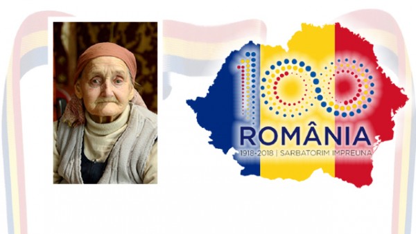 Colaj foto. În stâga imaginii: chipul doamnei Maria Marinescu. În dreapta: harta României Mari.